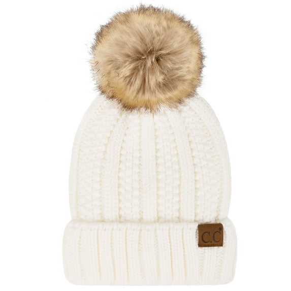 C.C Winter Sherpa Fleeced Lined Chunky Knit Stretch Pom Pom Beanie Hat Cap (Solid White)