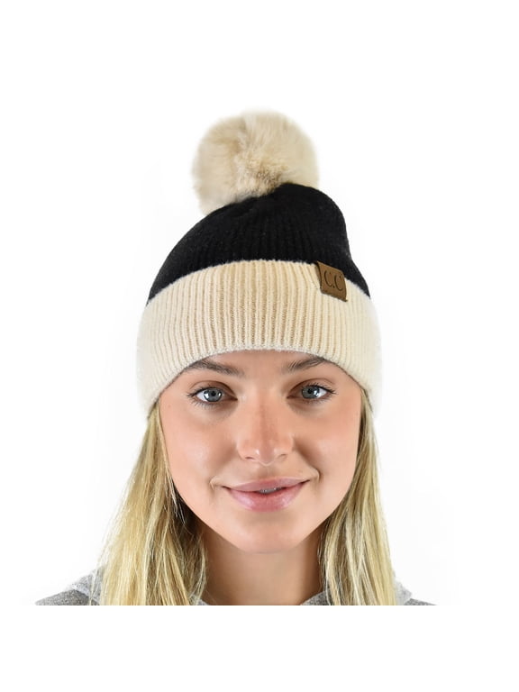 Winter Solid Dual Color Ribbed Knit Pom Cuff Beanie Hat, Black