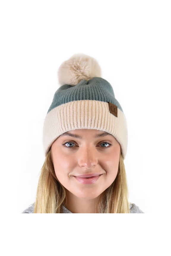 Winter Solid Dual Color Ribbed Knit Pom Cuff Beanie Hat, Steel Blue