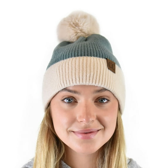 C.C Winter Solid Dual Color Ribbed Knit Pom Cuff Beanie Hat, Steel Blue