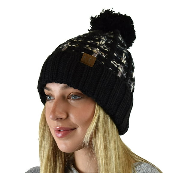 C.C Winter Warm Chunky Thick Ombre Double Slipstitch Knit Pom Cuff Beanie, Black