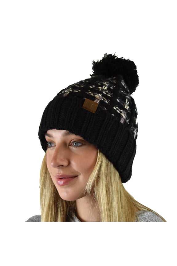 Winter Warm Chunky Thick Ombre Double Slipstitch Knit Pom Cuff Beanie, Black