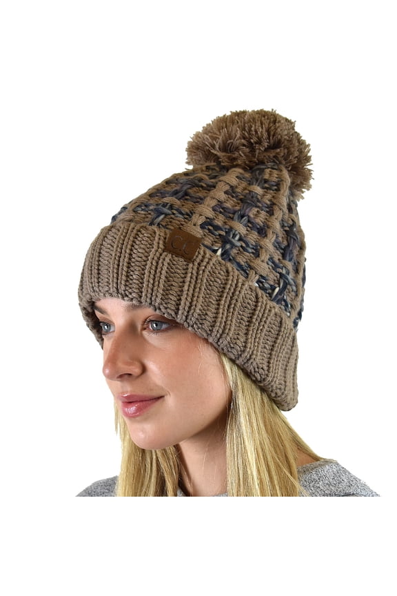 Winter Warm Chunky Thick Ombre Double Slipstitch Knit Pom Cuff Beanie, Taupe