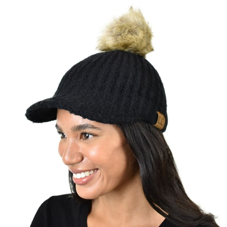 Solid Knit Faux Fur Pom Pom Beanie Hat Black