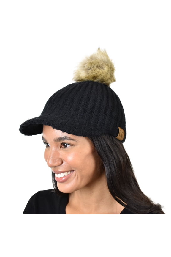 Winter Warm Knit Jockey Style Faux Fur Pom Visor Beanie Cap, Black