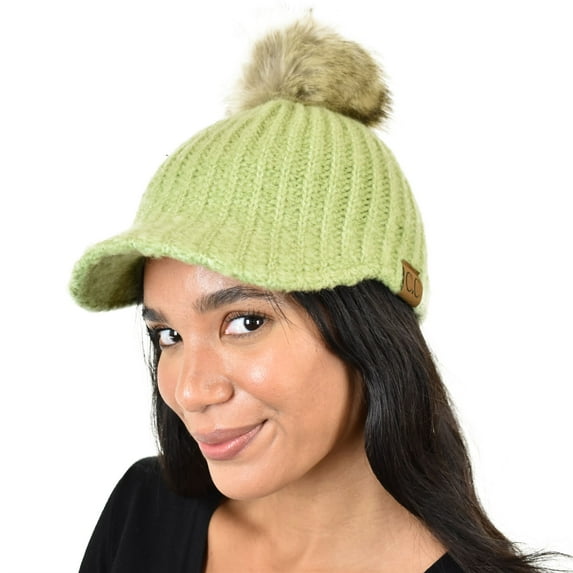 C.C Winter Warm Knit Jockey Style Faux Fur Pom Visor Beanie Cap, Pistachio