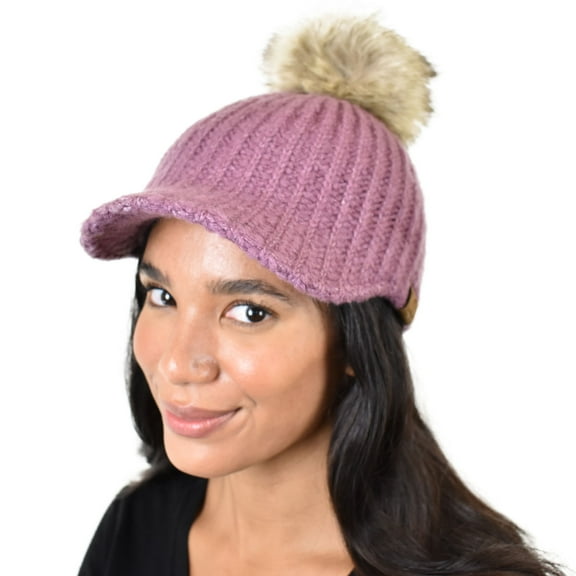 C.C Winter Warm Knit Jockey Style Faux Fur Pom Visor Beanie Cap, Violet Purple