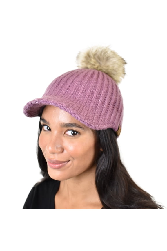 Winter Warm Knit Jockey Style Faux Fur Pom Visor Beanie Cap, Violet Purple