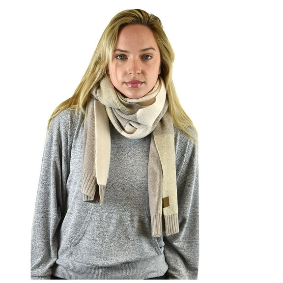 C.C Winter Warm Knit Tricolor Block Extra Long Shawl Scarf, Taupe/Beige