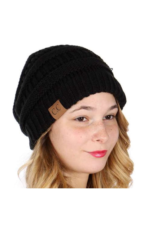 Women Black Logo Detail Knit Ribbed Cuff Fall Winter Beanie Hat