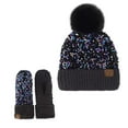 thumbnail image 1 of C.C Women Fuzzy Lined Sequin Fur Pom Beanie & Mitten Set, Purple Black, 1 of 3