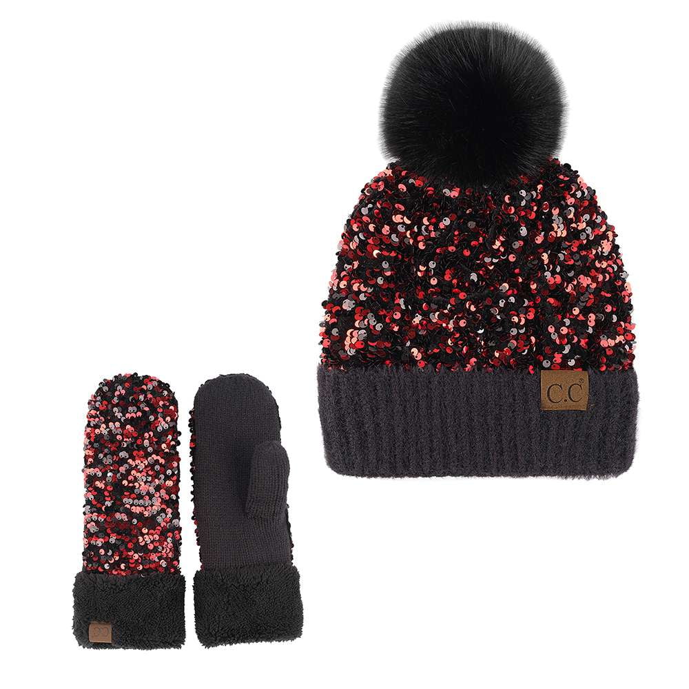 Mittens Cc Leopard Beanie Women Fuzzy Lined Sequin Fur Pom Beanie