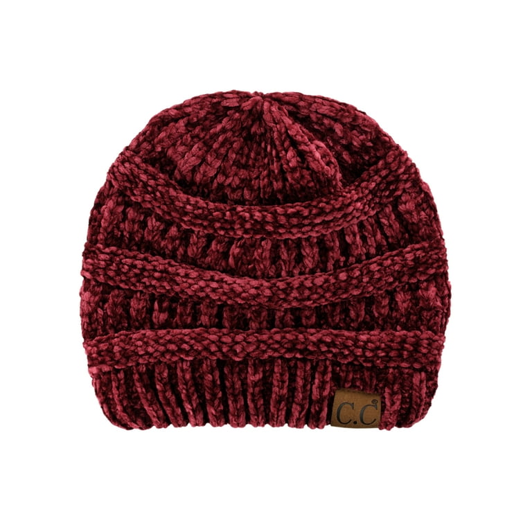 Women's Chenille Soft Warm Thick Knit Beanie Cap Hat-Burgundy