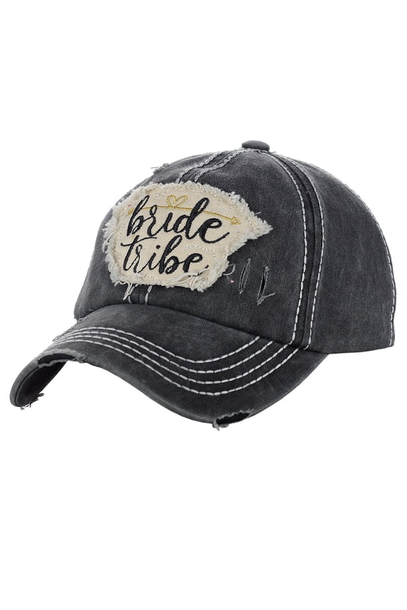 Women's Distressed Vintage Embroidered Patched Bridal Shower Baseball Cap, Bride Tribe/Black