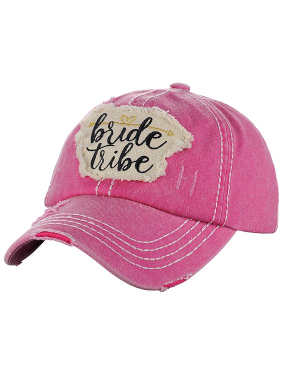 Women's Distressed Vintage Embroidered Patched Bridal Shower Baseball Cap, Bride Tribe/Hot Pink