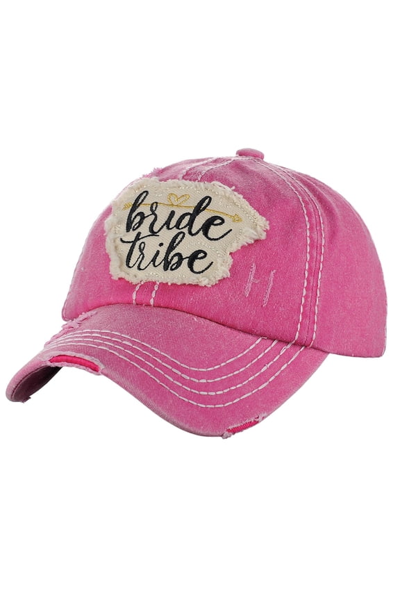 Women's Distressed Vintage Embroidered Patched Bridal Shower Baseball Cap, Bride Tribe/Hot Pink