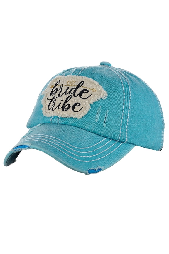Women's Distressed Vintage Embroidered Patched Bridal Shower Baseball Cap, Bride Tribe/Turquoise