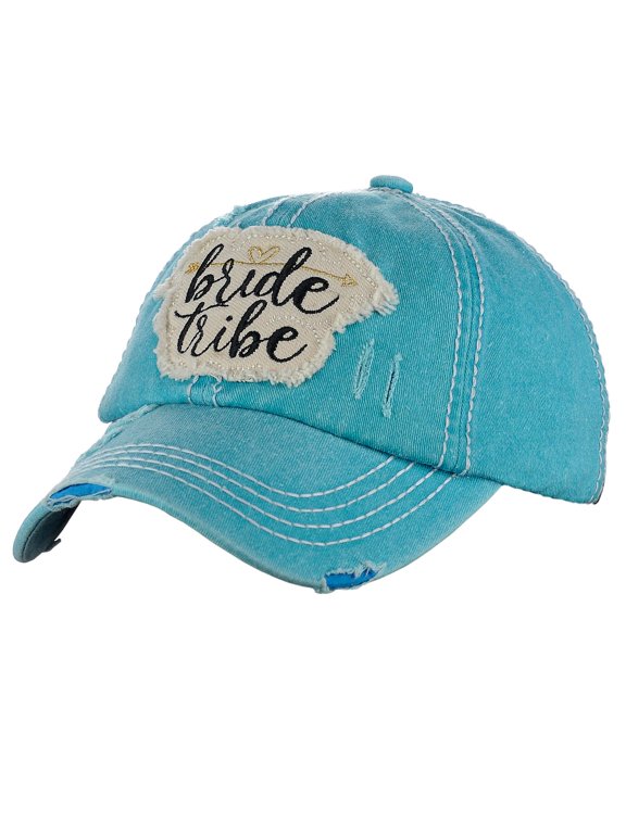 Women's Distressed Vintage Embroidered Patched Bridal Shower Baseball Cap, Bride Tribe/Turquoise