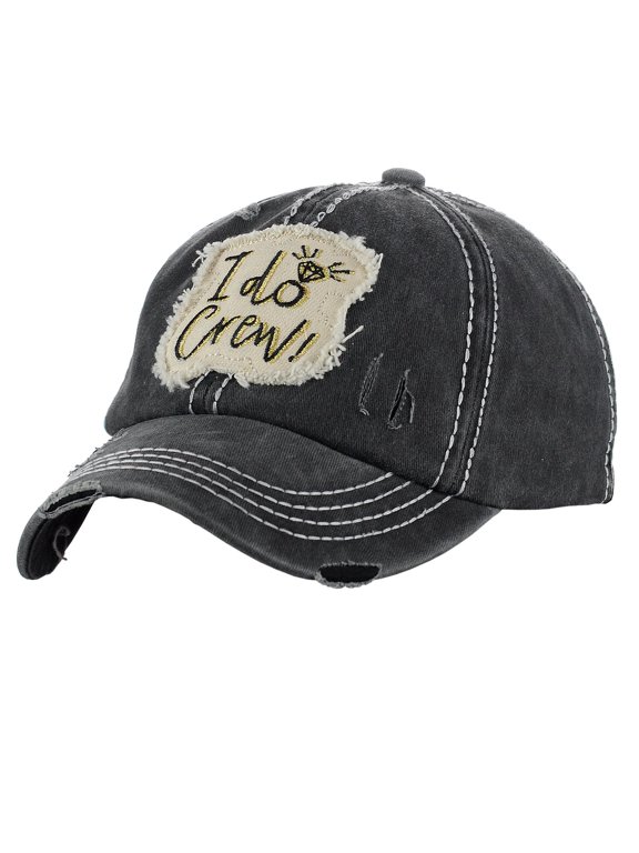 Women's Distressed Vintage Embroidered Patched Bridal Shower Baseball Cap, I Do Crew/Black