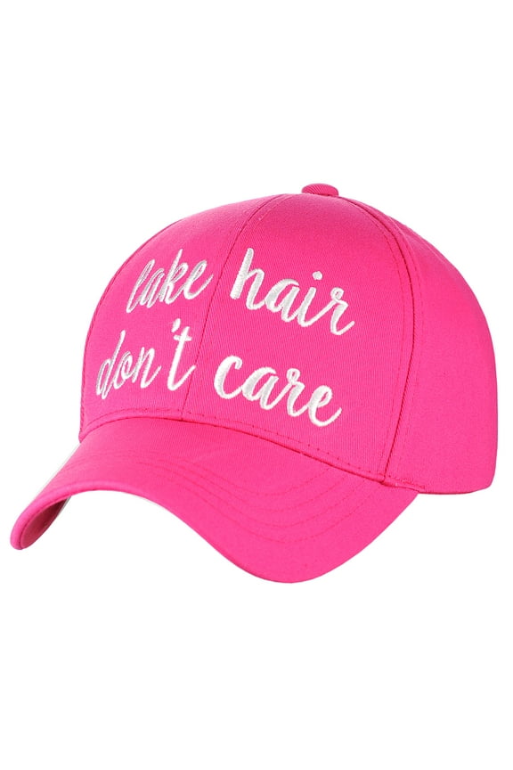 Women's Embroidered Quote Adjustable Cotton Baseball Cap, Lake Hair Don't Care, Hot Pink