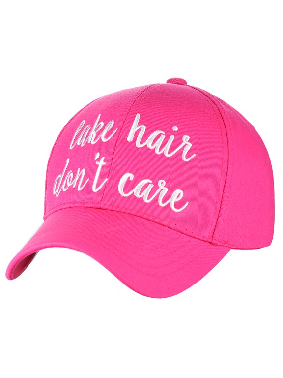 Women's Embroidered Quote Adjustable Cotton Baseball Cap, Lake Hair Don't Care, Hot Pink