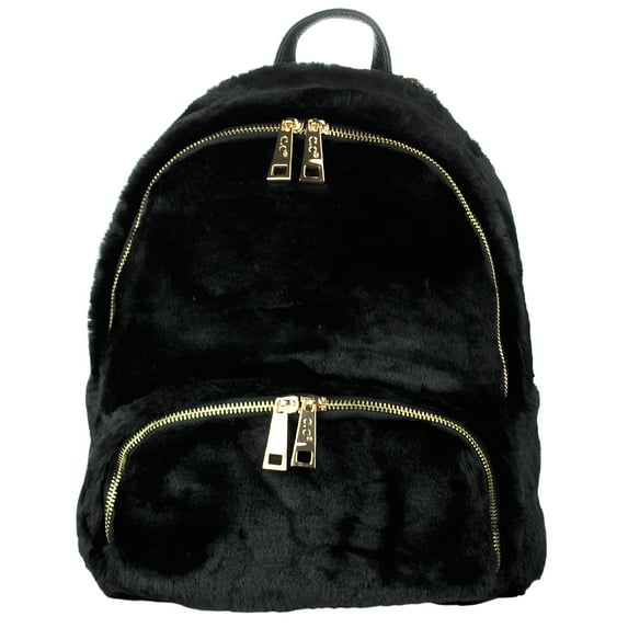 C.C Women's Faux Fur Fuzzy Backpack Schoolbag Shoulder Bag Purse, Black