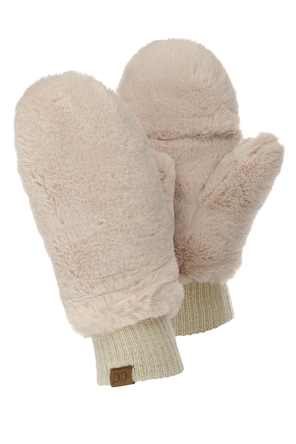 Women's Faux Fur Wrist Length Fingerless Sherpa Lined Convertible Mittens Gloves, Beige