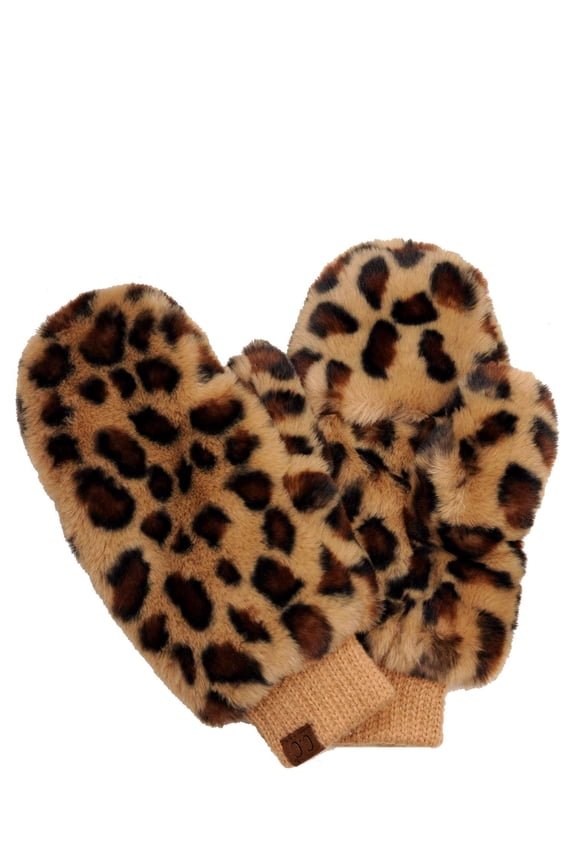 Women's Faux Fur Wrist Length Fingerless Sherpa Lined Convertible Mittens Gloves-Leopard Print, Latte