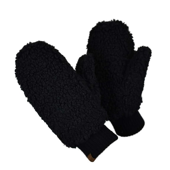 C.C Women's Faux Fur Wrist Length Fingerless Sherpa Lined Convertible Mittens Gloves- Sherpa Black