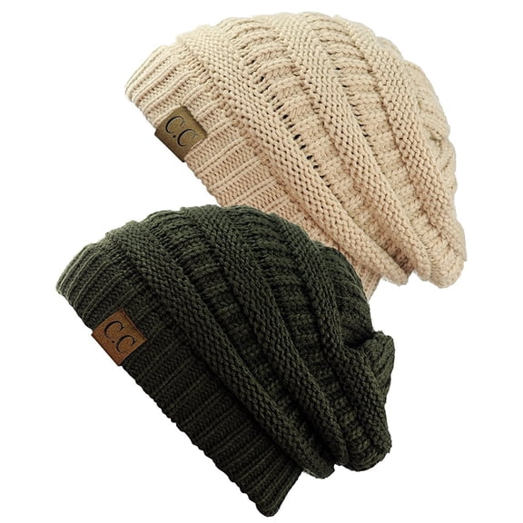 C.C Women's Knit Beanie Cap Hat (2 PACK), Beige/New Olive