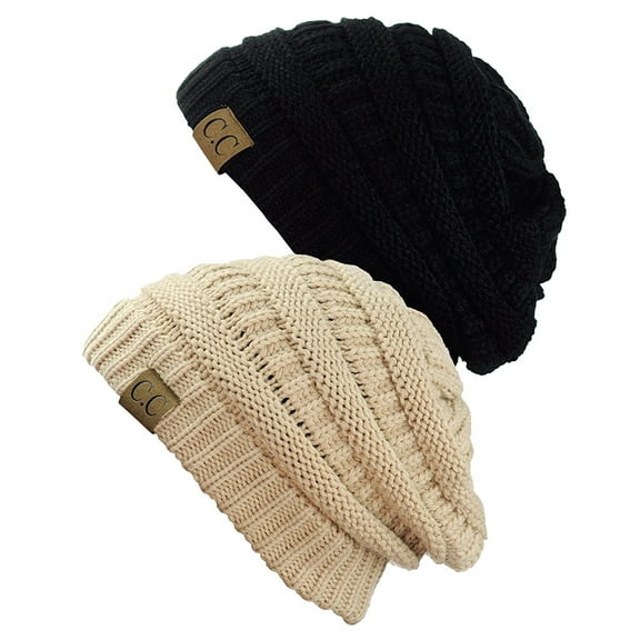 C.C Women's Knit Beanie Cap Hat (2 PACK), Black/Beige