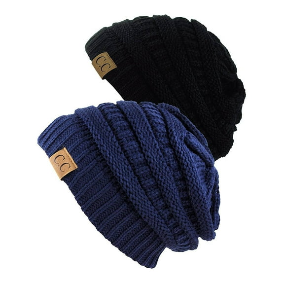 C.C Women's Knit Beanie Cap Hat (2 PACK), Black/Navy