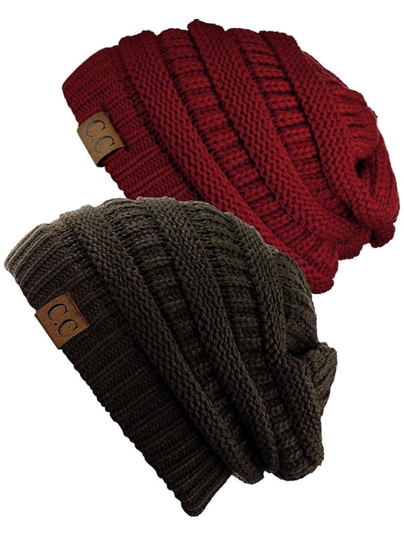 Women's Knit Beanie Cap Hat (2 PACK), Burgundy/Brown