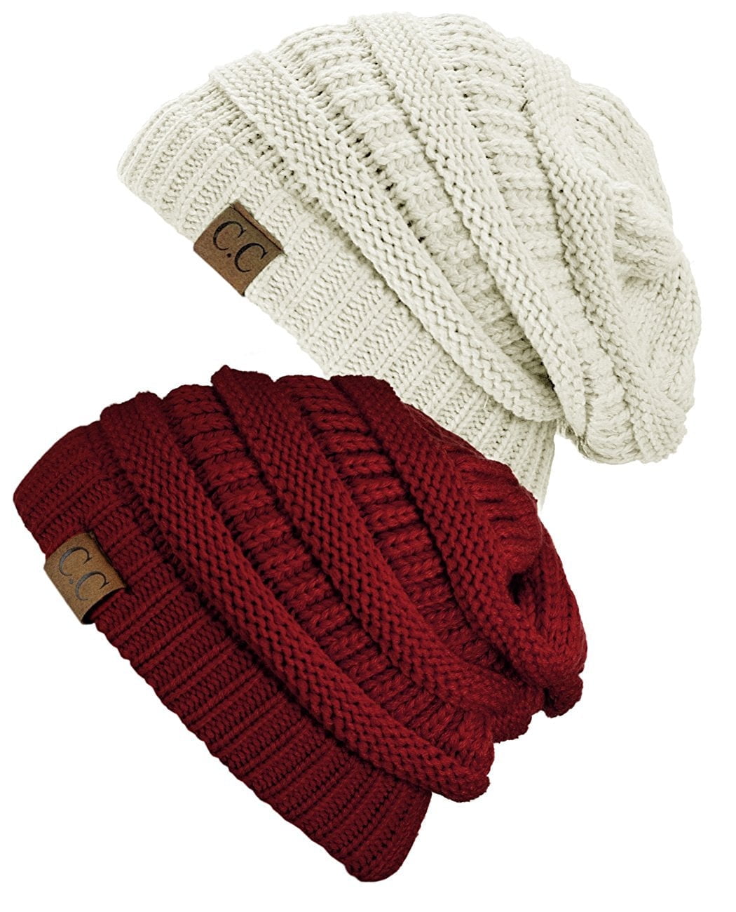 Women's Knit Beanie Cap Hat (2 PACK), Burgundy/Ivory