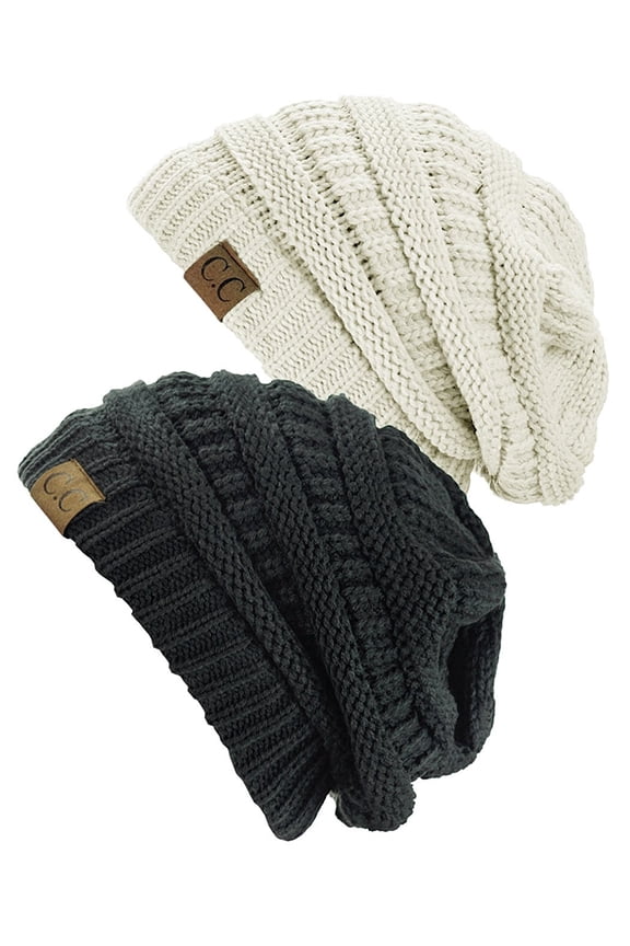 Women's Knit Beanie Cap Hat (2 PACK), Ivory/Dark Melange Gray