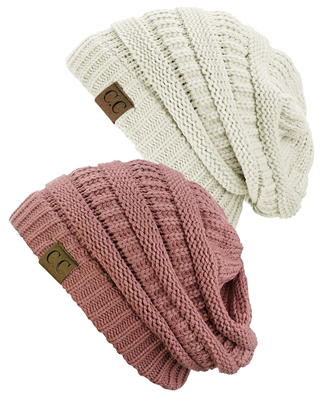 C.C Women's Knit Beanie Cap Hat (2 PACK), Ivory/Mauve