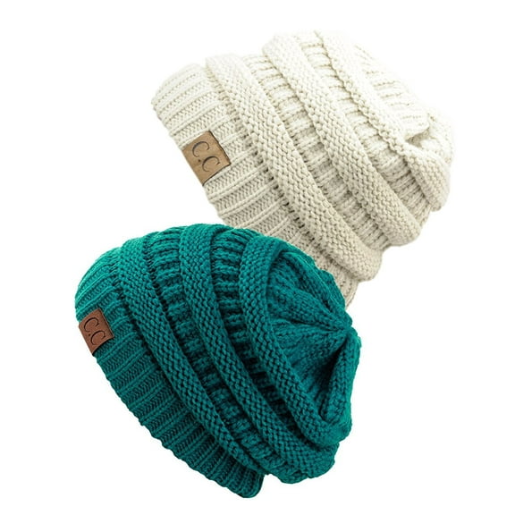 C.C Women's Knit Beanie Cap Hat (2 PACK), Teal/Ivory