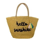 C.C Women's Paper Weaved Beach Embroidered Travel Top Handle Tote Bag, Hello Sunshine