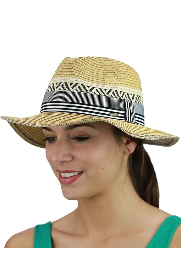 C.C Women's Paper Woven Panama Sun Beach Hat with Striped Band, Natural