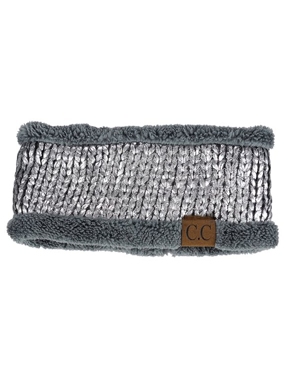 C.C Women's Soft Stretch Metallic Painted Knit Fleece Lined Ear Warmer Headband-Dark Mel Grey/Silver