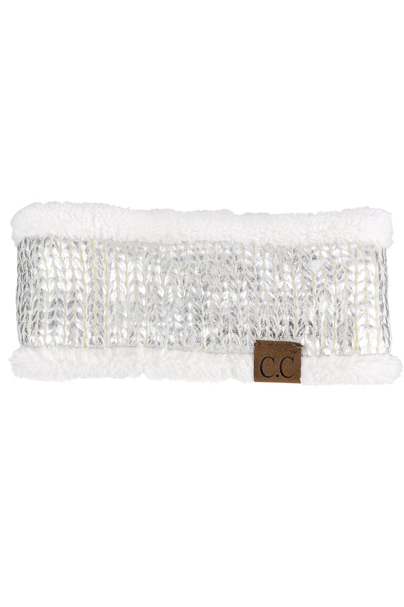 C.C Women's Soft Stretch Metallic Painted Knit Fleece Lined Ear Warmer Headband-Ivory/Silver