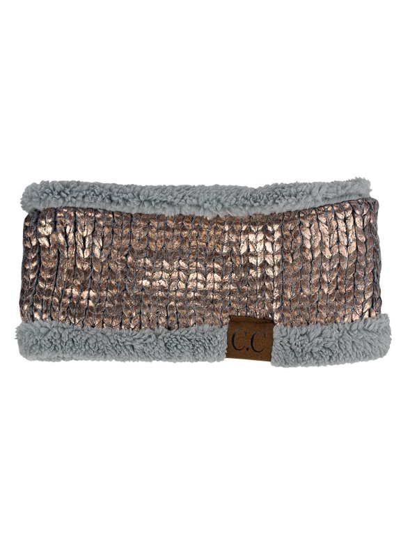 C.C Women's Soft Stretch Metallic Painted Knit Fleece Lined Ear Warmer Headband-Light Mel Grey/Rose