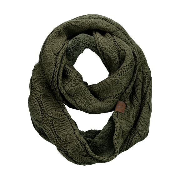 C.C Women's Winter Cable Knit Sherpa Lined Warm Infinity Pullover Scarf, Dark Olive