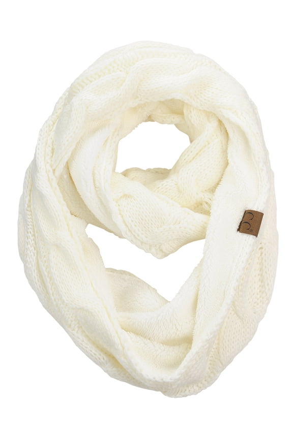 Women's Winter Cable Knit Sherpa Lined Warm Infinity Pullover Scarf, Ivory
