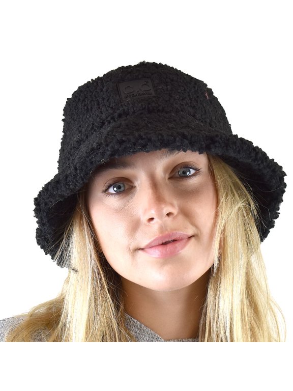 Women's Winter Faux Fur Teddy Style Fisherman Bucket Hat, Black