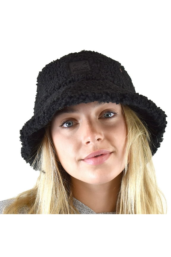 Women's Winter Faux Fur Teddy Style Fisherman Bucket Hat, Black