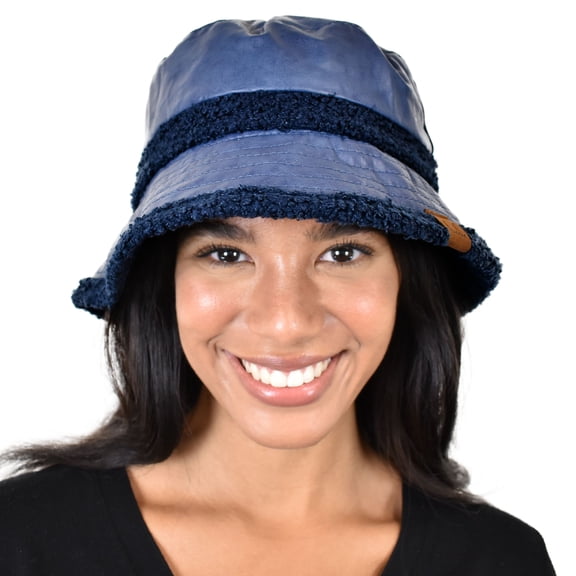C.C Women's Winter Faux Fur Teddy Style Reversible Fisherman Bucket Hat, Indigo
