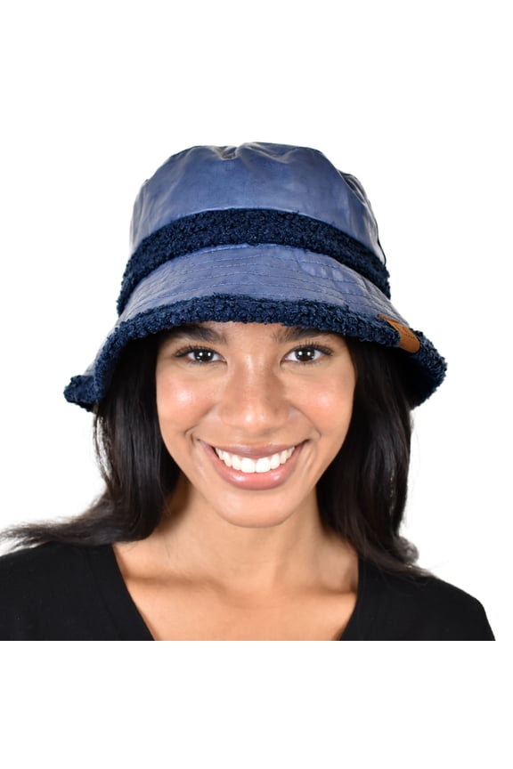 Women's Winter Faux Fur Teddy Style Reversible Fisherman Bucket Hat, Indigo