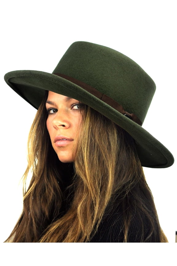 Wool Wide Brim Porkpie Fedora Hat with Simple Band Accent - Moss
