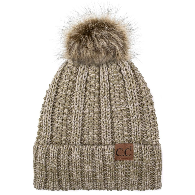 YJ-820 Thick Cable Knit Hat Faux Fur Pom Pom Fleece Lined